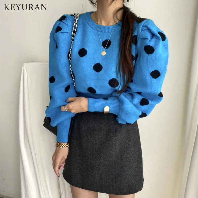 Korean Chic Puff Sleeve Sweater Women Stylish 2024 Autumn Winter Polka Dot Pullover Sweater Women\'s Knitwear Jumper Tops Lady