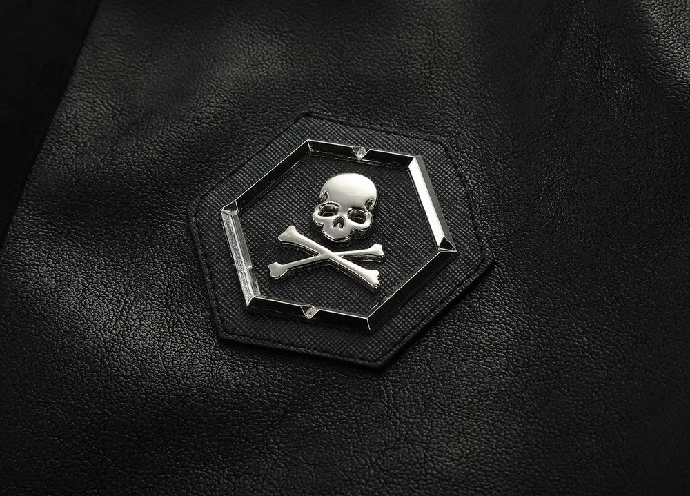 2024 Skull Rhinestones PU Jackets Men Black High Street Stand-Neck Zipper Rib Sleeve Streetwear Motorcycle Faux Leather Coats