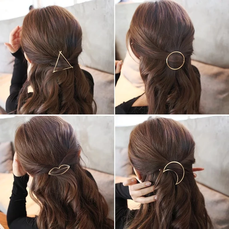 Simple Gold Color Geometric Hair Clips Pin Sweet Hollow Hair Barrette For Women Girl Cat Star Hair Circle Moon Hair Accessories