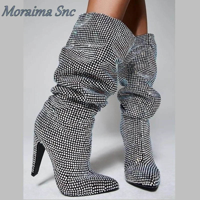 Moraima Snc Short Boots Pleated Crystal Bling Silver Pointed Toe Women Boots Mid Calf Spike High Heel New Autumn Winter Shoes