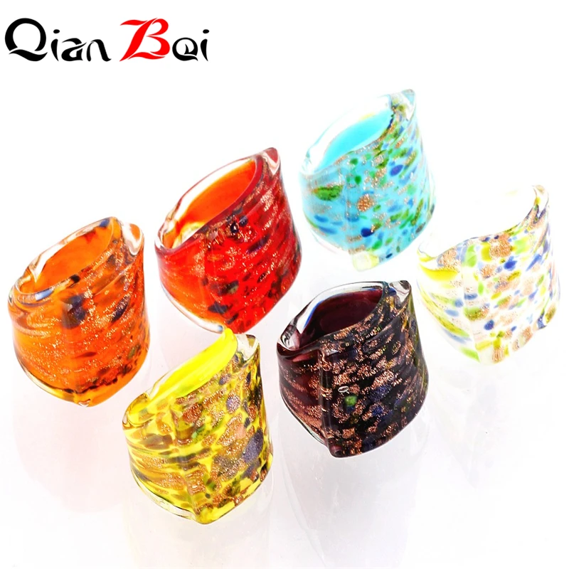 QianBei Wholesale 12Pcs/Lot Fashion Art Painting Pattern Series Murano Lampwork Glass Crystal Charm Men Women Rings Free Ship