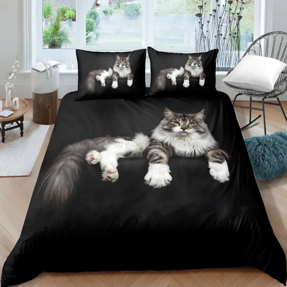 Imagem -05 - Conjuntos de Cama Bonito Gato Impressão Edredão Colcha Preto Capa Conjunto Engraçado Animal Consolador Capa Cama Fronha Rei Rainha 240*220cm Tamanho 3d