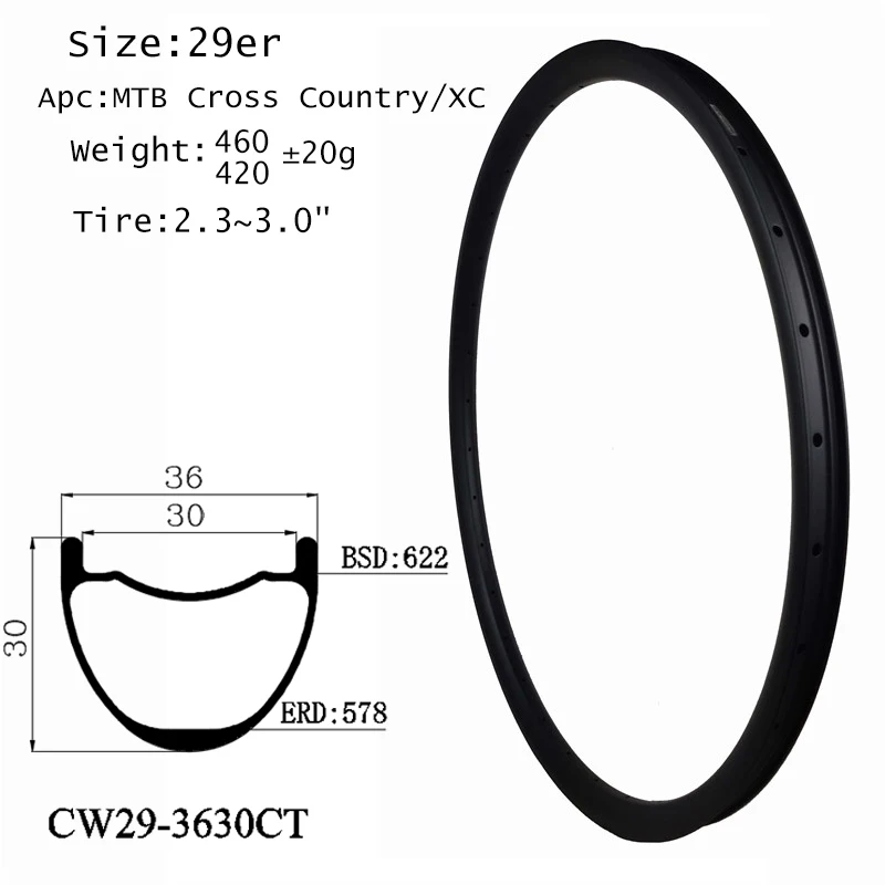 OEM Carbon Bike Rim 29 Inch MTB Wheel XC 29er 36X30mm Mountain Bicycle Hookless Clincher Tubeless Design For Easy Install Tires