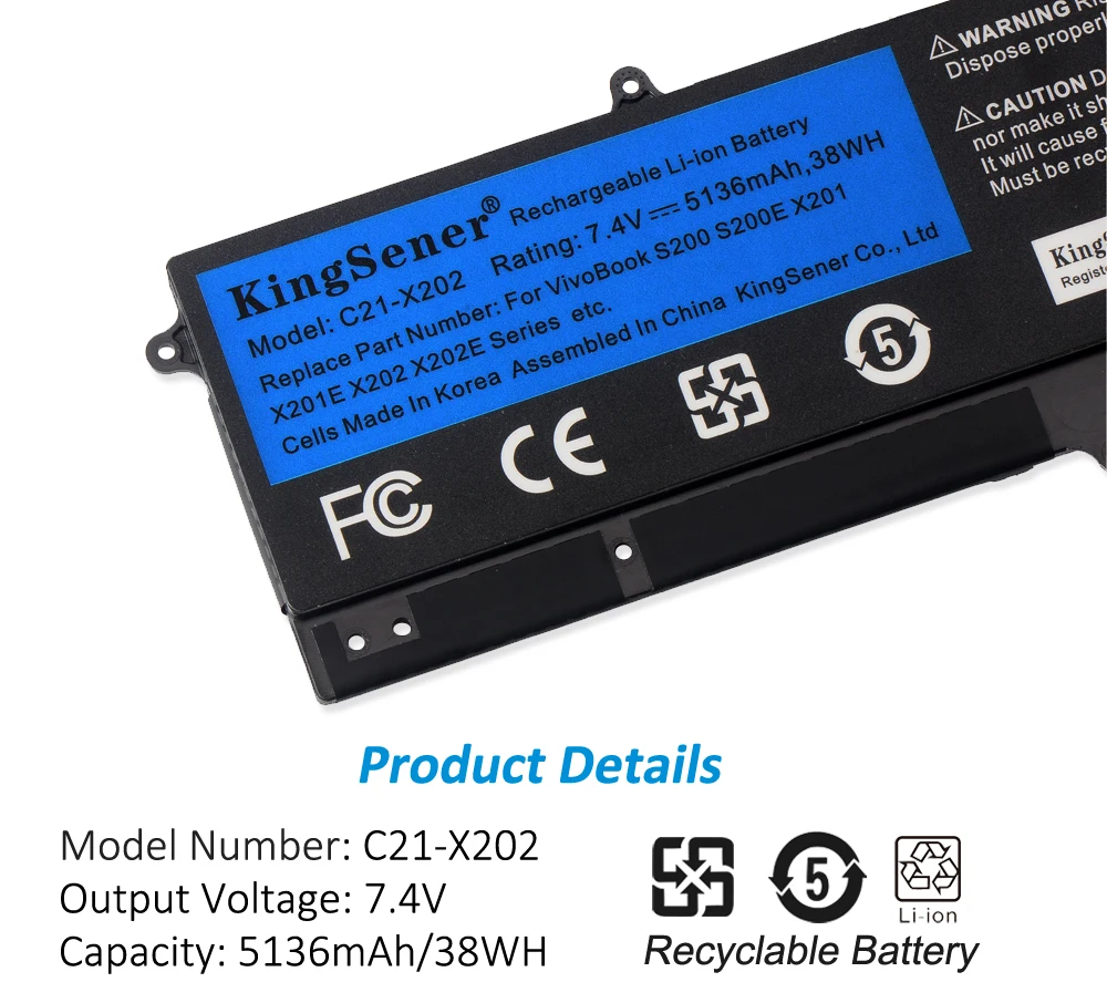 KingSener 5136mAh C21-X202 Laptop Battery for ASUS VivoBook S200 S200E X201 X201E X202 X202E S200E-CT209H S200E-CT182H S200E-CT1