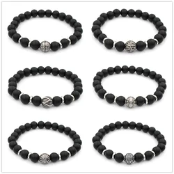 Fashion Stainless Steel Ball Bead Charms 8mm Black Stone Stretch Bead Bracelet For MEN&WOMEN