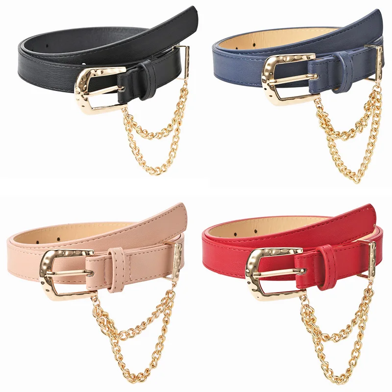 Fashion Punk Unisex Alloy Pin Buckle Belt Luxury Brand PU Leather Golden Chain Waist All-Match Jeans Trousers Thin Waistband