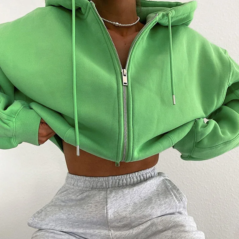 Green Sweatshirt Zip-up Hooded Collar Full Sleeve Simple Cardigan Women Fashion Sport Oversized Harajuku Cropped Coat Streetwear