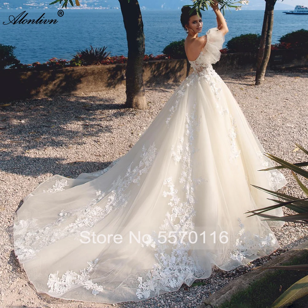 Alonlivn Personalizza Perline di lusso Stampe floreali 3D Abiti da sposa a-line Sweetheart Maniche a sbuffo Abiti da sposa delicati