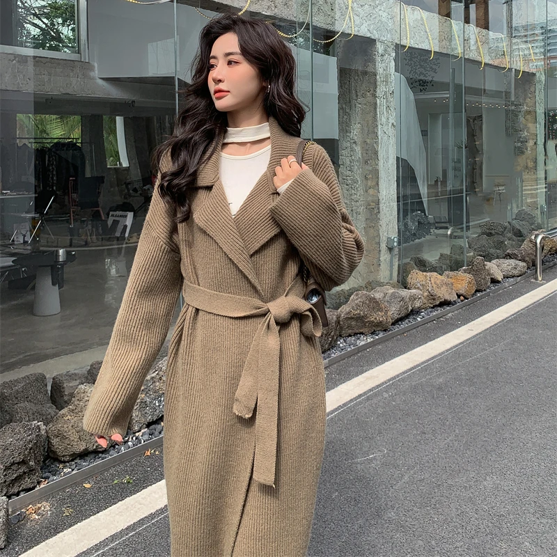 [ZAYZU]French Bathrobe Wind Long Thickened Sweater Knitted Coat women\'s Lazy Wind Autumn and Winter New Lace Up Lapel Coat