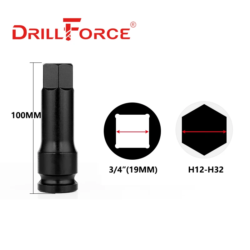 Drillforce 3/4 "Ổ Tác Động Lục Giác Ổ Cắm Bit Cờ Lê Hơi Adapter Dụng Cụ Sửa Chữa H12/H14/H17/H19/H21/H22/H24/H27/H30/H32