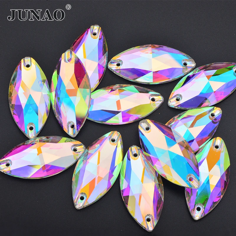 JUNAO 7x15mm 15x32mm Sewn Horse Eye Glass Rhinestones Crystal AB Strass Diamond Flatback Glass Stone Sewing Beads for Needlework