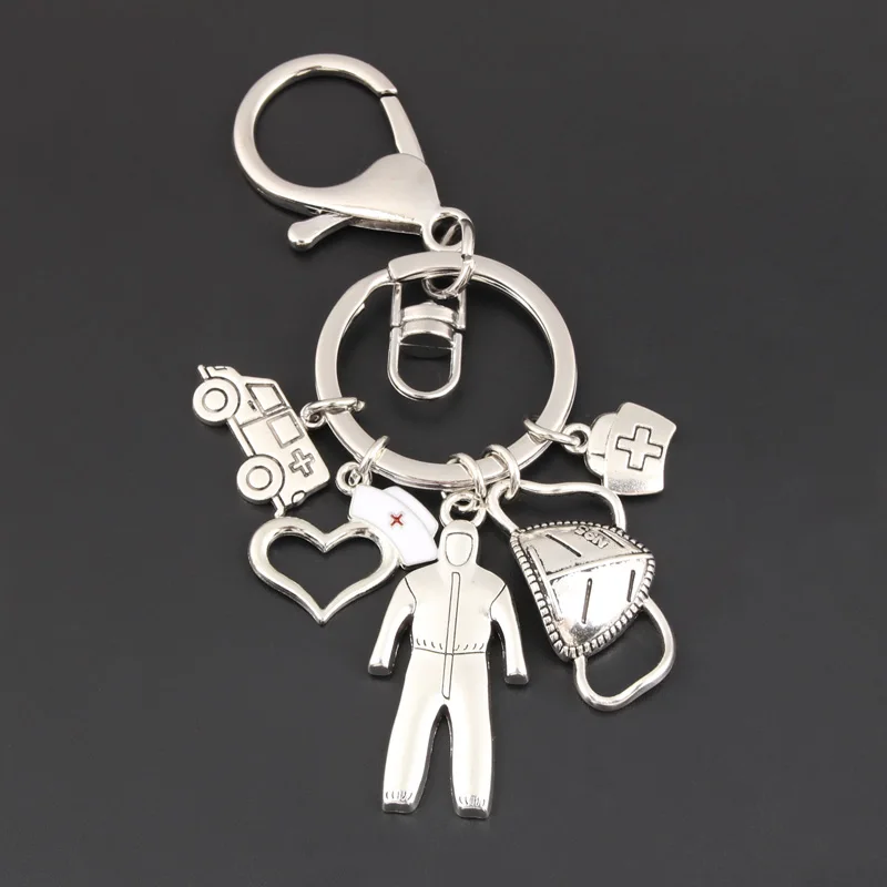 New Medical Tool Keychain Protective Suit Key Ring Ambulance Syringe Stethoscope Nurse Cap Key Chain Doctor Nurse Gift Jewelry