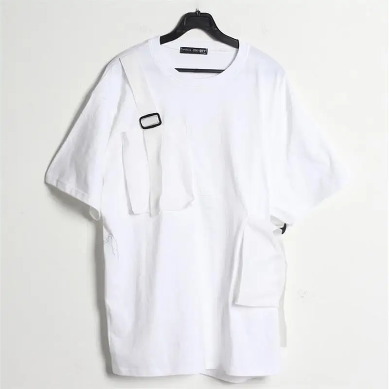 Men's Short Sleeve T Shirt Summer New Pocket Strap Decoration Fashion Fashion Men's Leisure Loose Large Size Half Sleeve