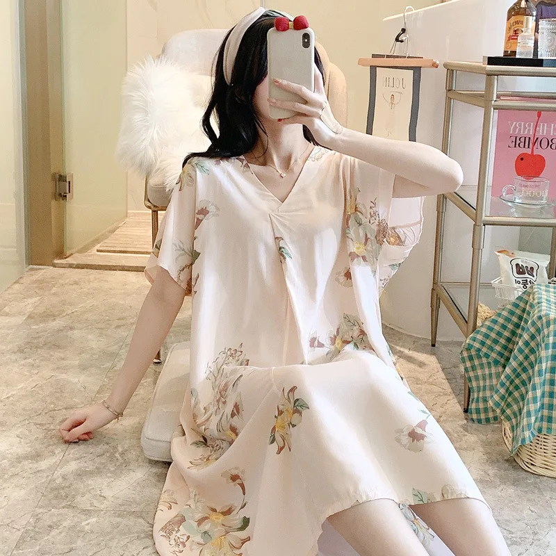 Summer Women Nightdress Short Sleeved V Neck Nightgowns Floral Printed Casual Sleepwear Pyjamas Girls Sleepdress Female Homewear