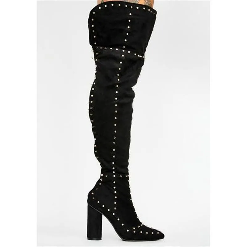 Olomm Handmade Women Thigh High Boots Square Heels Boots Pointed Toe Sexy Black Leopard Club Wear Shoes Women Plus US Size 5-15