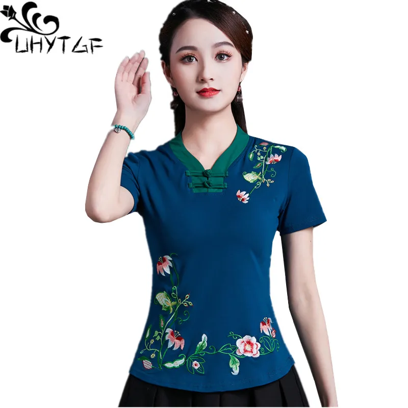 UHYTGF Vintage Women\'s 6XLOversized T-Shirt Fashion Embroidered V-neck Short Sleeve Summer Clothes Slim Female Tops T-Shirt 1451