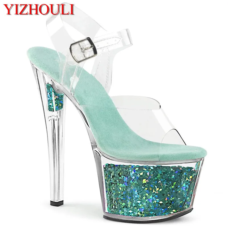 17 cm high heels, 7 inch transparent crystal sandals, sequined platform pole dancing practice performance, dancing shoes