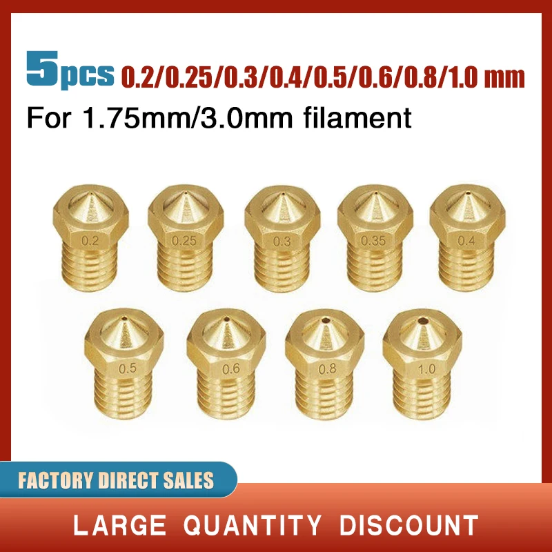 5 sztuk 3D akcesoria do drukarek V5 V6 M6 gwintowane dysza 0.2 0.25 0.3 0.4 0.5 0.6 0.8 1.0mm dla 1.75mm 3.0mm włókno w całości z metalu E3D