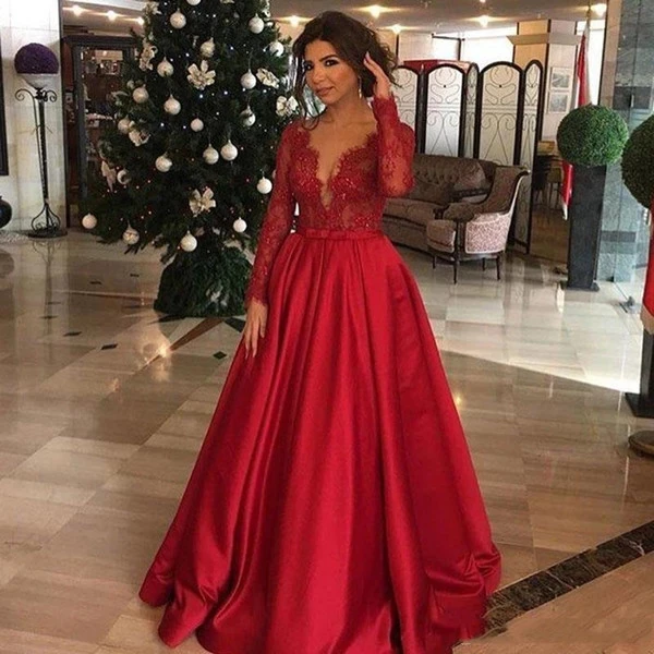 

Sexy V-Neck Satin Evening Dress Dubai A-Line Prom Dresses Long Sleeves Applique Women Plus Size Formal Satin Party Dress Lace-up