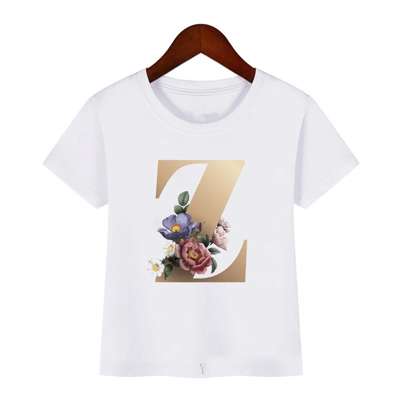 Golden Letter Summer Alphabet Flower Combination Print Children's T Shirt Fashion White Top Tee Kids Harajuku Casual Girl Tshirt