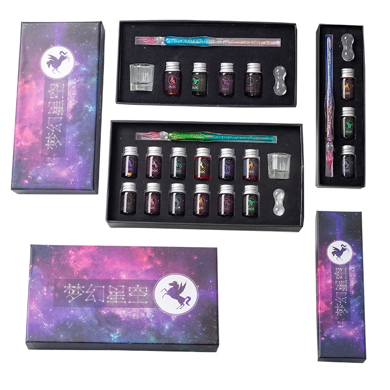 

5/7/15pcs Glass Dip Pen And Ink Set Fountain Pencil Gift Box Starry Sky Color Ink Signature Pencils Creative Gifts Dip Pen Sets