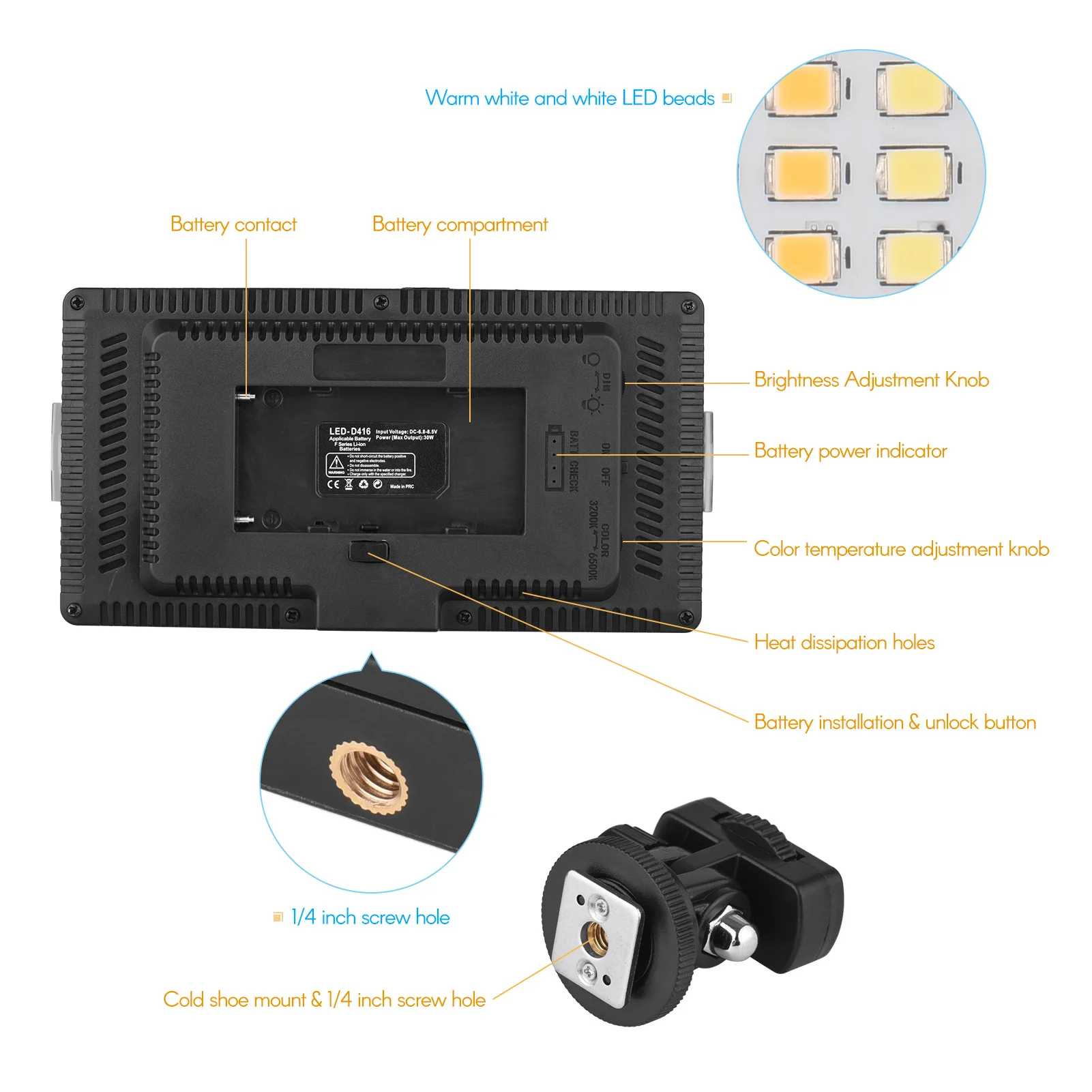 Światło LED do kamery LED-416 w aparacie oświetlenie fotograficzne Panel 416 diod 3200-5600K z możliwością przyciemniania 1/4 Cal głowicy kulowej do