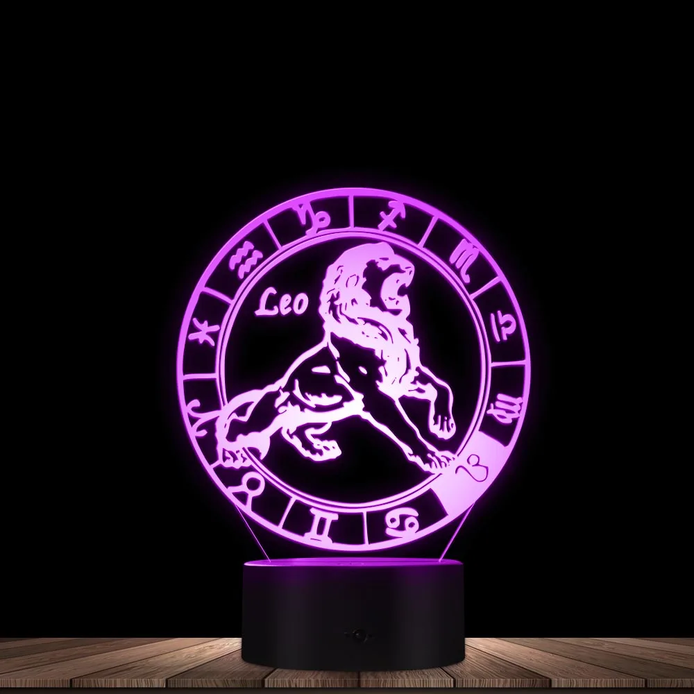 Leo Novelty Night Light Zodiac LED Table Night Lamp Engraved Gift 7 Color Changable Touch Control Horoscope Symbol Desk Decor