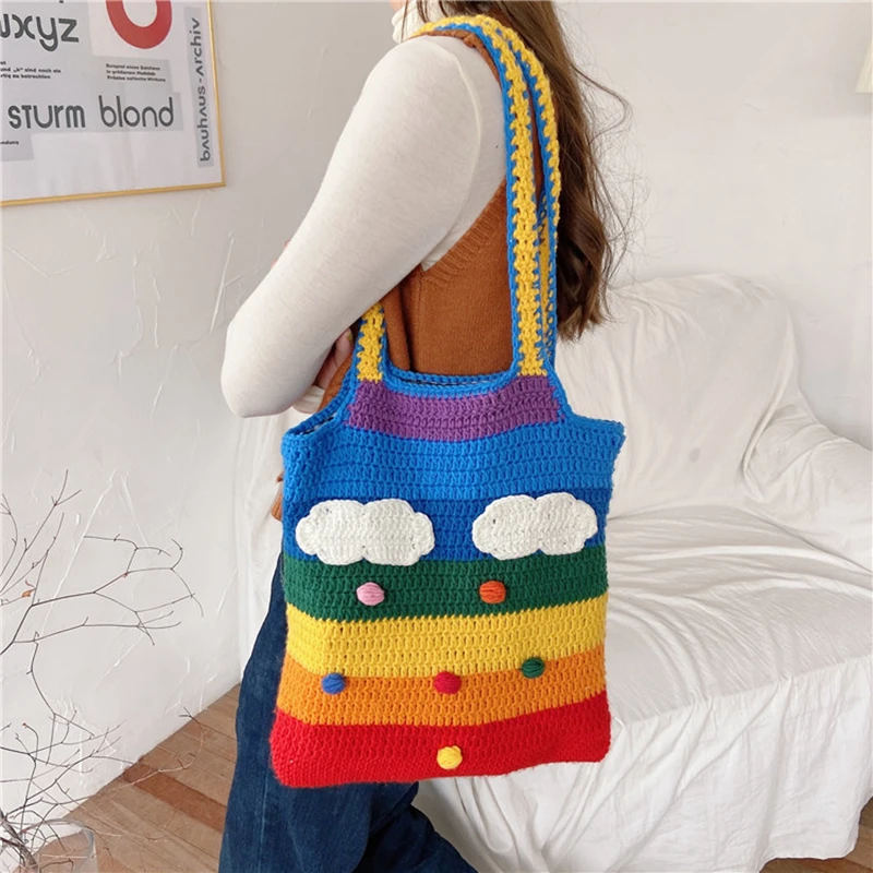 Youda New Design Knitted Rainbow Colors Women Shoulder Bags Classic Large Shopping Bag Casual Ladies Handbags Girl\'s Tote