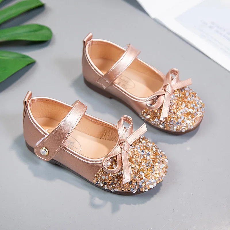 Zapatos de princesa pequeña para niña, zapatillas de cristal planas de primavera, zapatos de zapatos Mary Jane sólidos con lazo poco profundo, gancho y lazo para fiesta, 2022