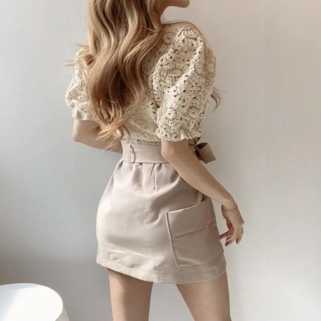 Blouses Women Retro Hollow Out Design Puff Sleeve Summer Office Lady Crop Top All-match Pure Simple Vintage Blusas Slim Clothing