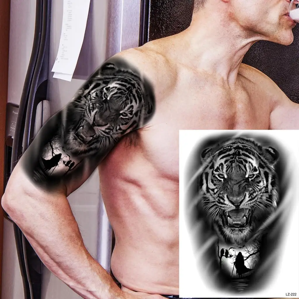 Tatouage temporaire pour hommes adultes, grand crâne noir, bras boussole, Lion, tigre, autocollant, transfert d'art corporel, squelette