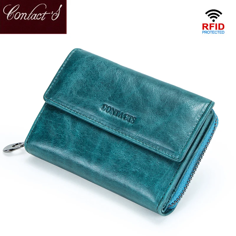 Contact\'S RFID Blocking Short Wallet Female Genuine Leather Coin Purse Small Wallets Women Card Holder Money Bag for Woman