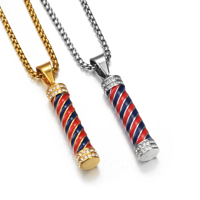 Hip Hop Iced Out Barber Pole Lamp Pendant Necklace For Women Men Gold Color Stainless Steel Chains Hiphop American Jewelry