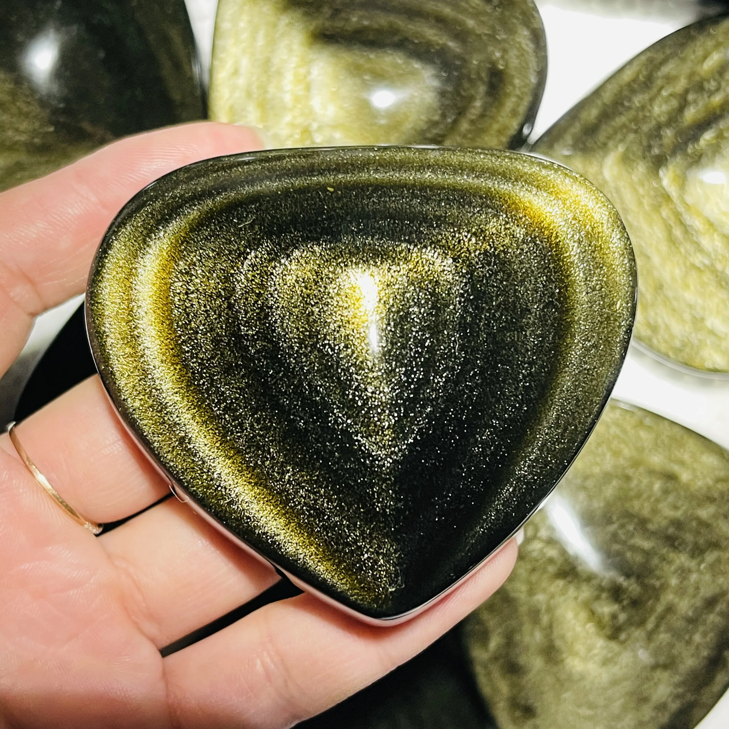 Natural Gold Obsidian Cat Eyes Quartz Crystal Heart Healing Decor Gift