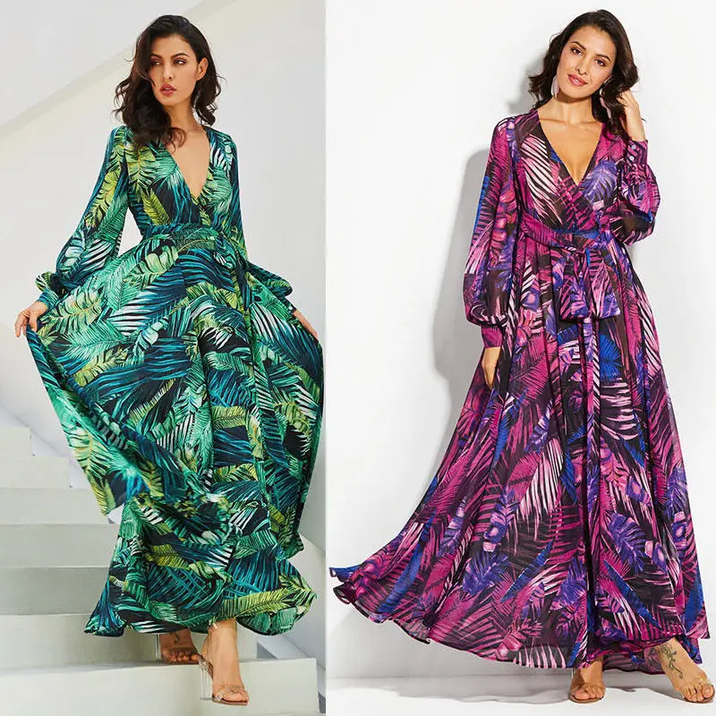 Robe de soirée Maxi pour femmes, tenue de plage, col en v, Sexy, longue, été, 2019