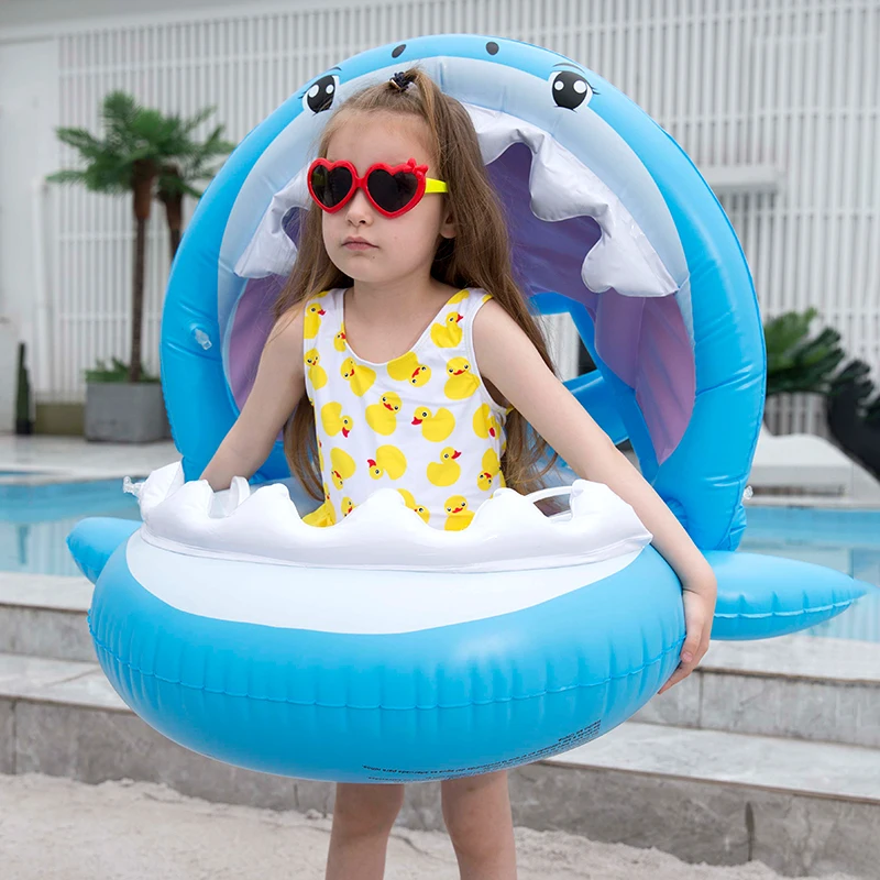 0-3 Y Baby Inflatable Cartoon Pool Float with Sunshade Ride-On Swimming Ring Safe Seat Water Toys Infant Safety Swimming Boat