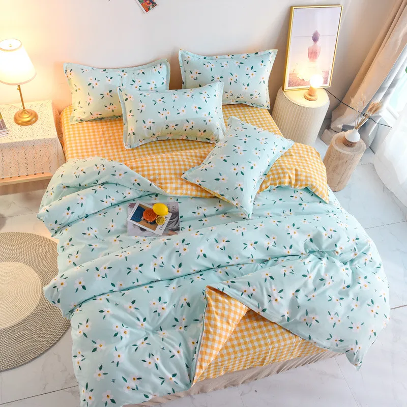 Blue Flower Grid Print Girl Boy Kid Bed Cover Set Duvet Cover Adult Child Bed Sheets And Pillowcases Comforter Bedding Set 61071