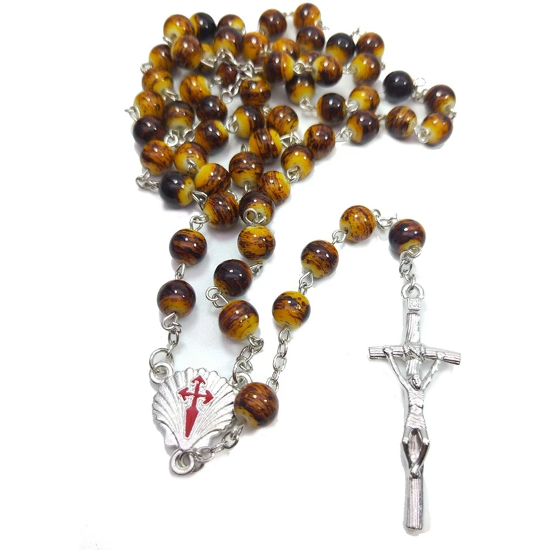 QIGO Religious Cross Pendant Leopard Glass Rosary Necklace For Men Women Long Jewelry