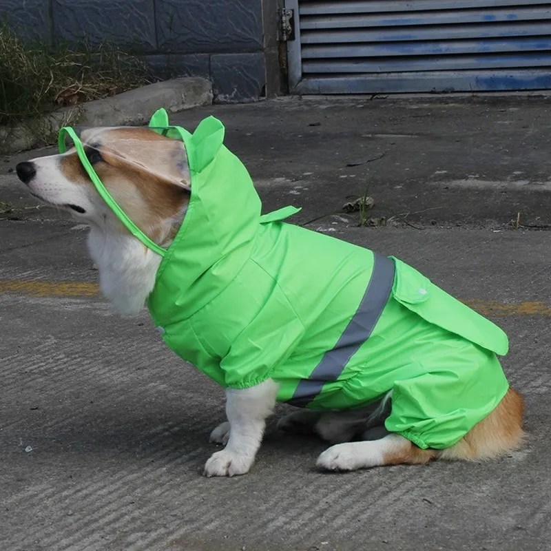 Lighted Dog Raincoat Four Legs Puppy Rainsuit Waterproof Small Dog Clothes Outdoor Corgi Jacket Hooded Coat For Large Pet Dog