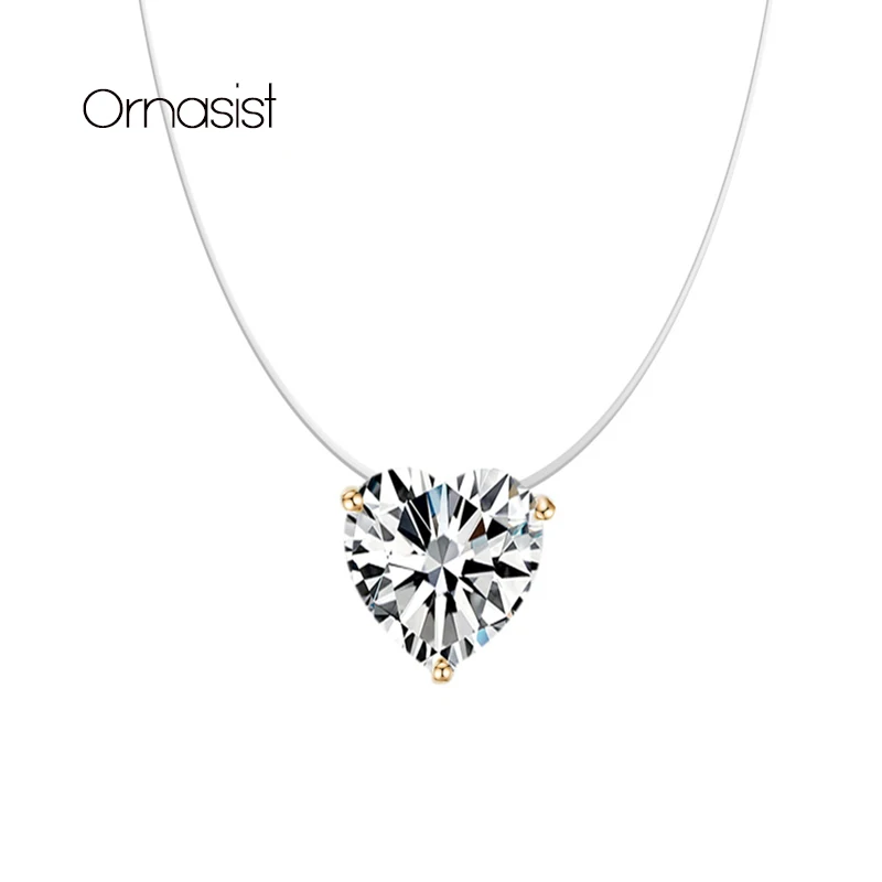 Love Heart Zircon Pendant Fishline Necklace Transparent Invisible Line Feminia Women Girl Choker Wedding Party iBridal Jewelry