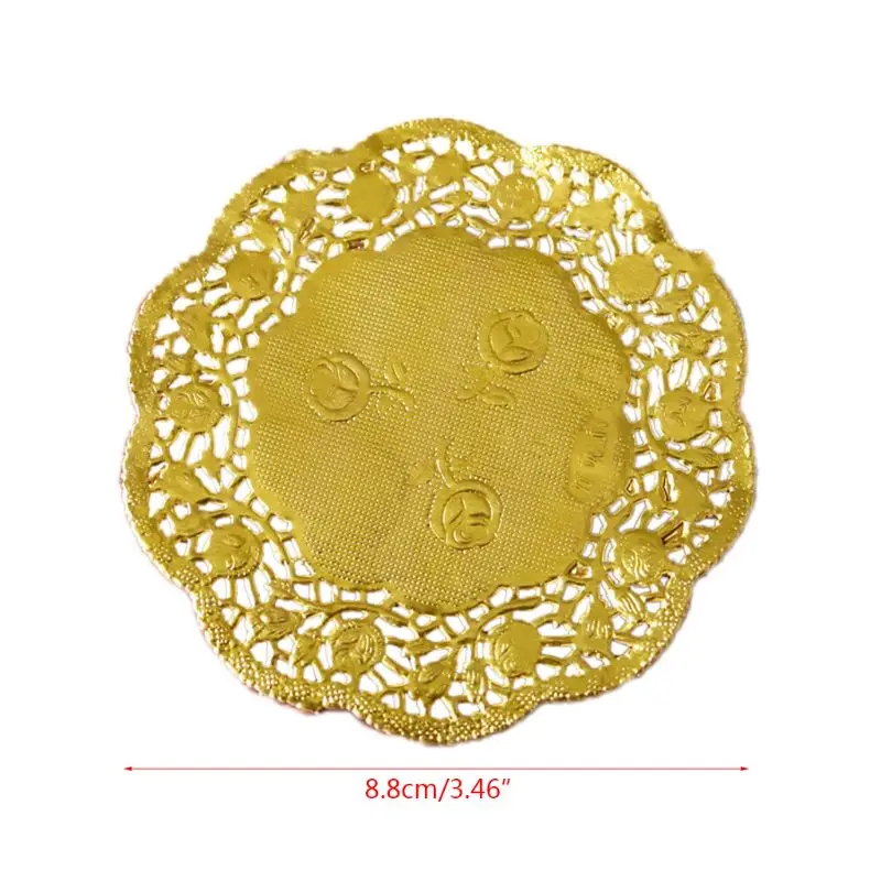 50Pcs/Set 3.5 Inch Hollow Floral Embossed Round Lace Paper Doilies Wedding Party DIY Tableware Metallic Gold Placemat Decoration