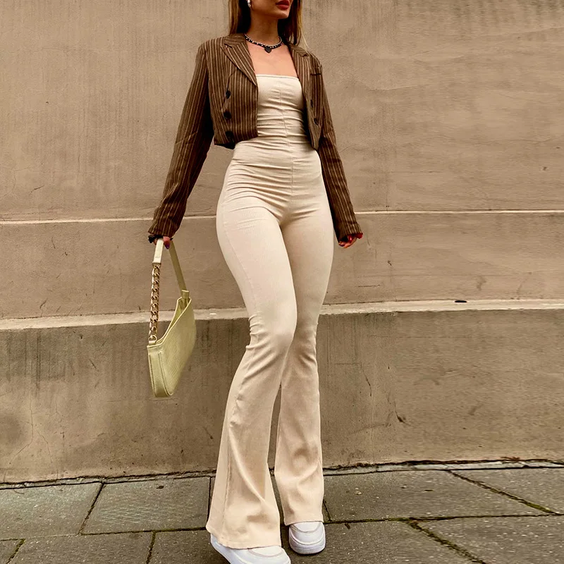 2021 Fall Slim Mouwloze Tube Top Pure Kleur Dames Jumpsuit Mode Riem Lange Broek Jumpsuit Toevallige Jumpsuit