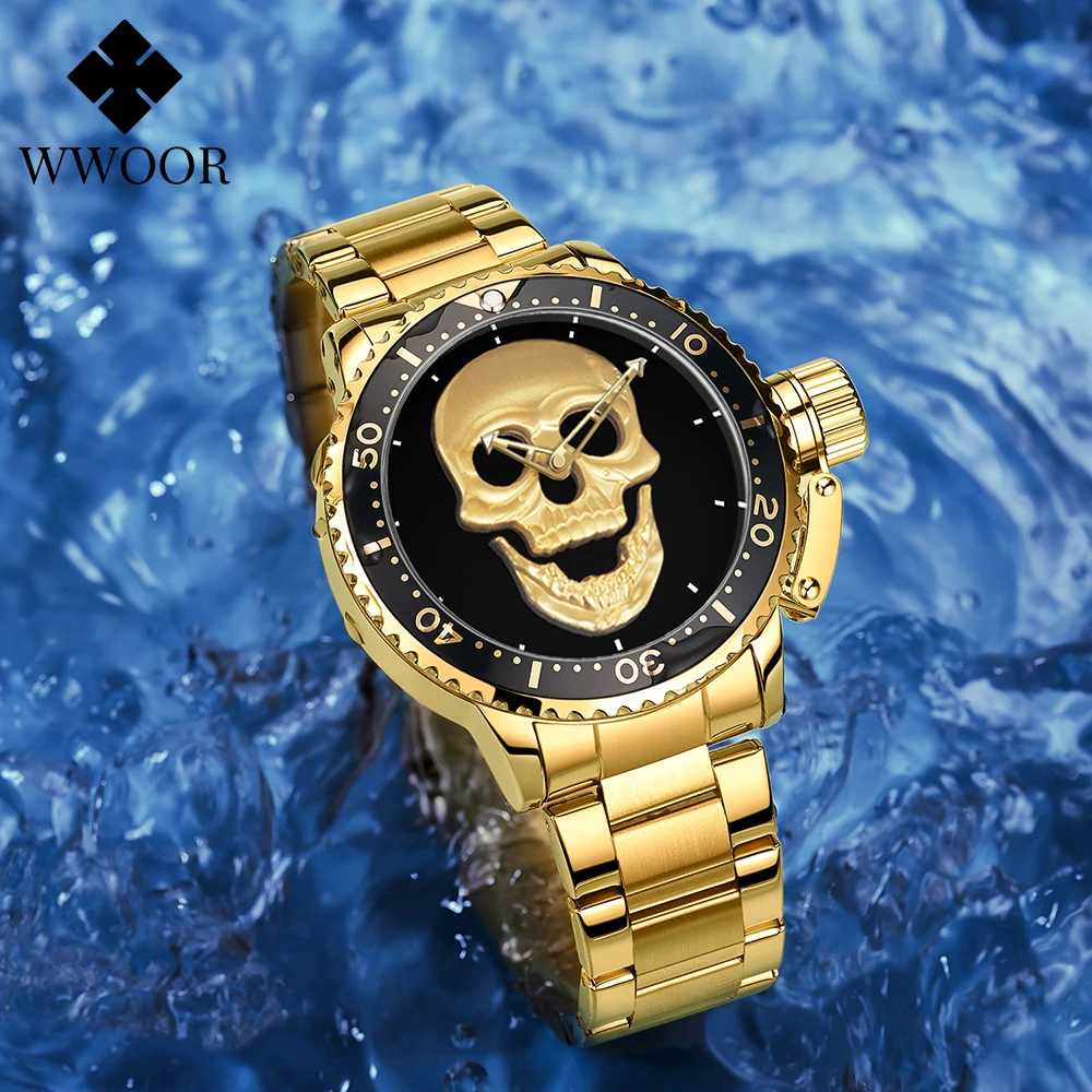 WWOOR Luxury Brand Gold Black Skull Men Watches with Stainless Steel Sports Waterproof Quartz Clocks Male Creative Wristwatches