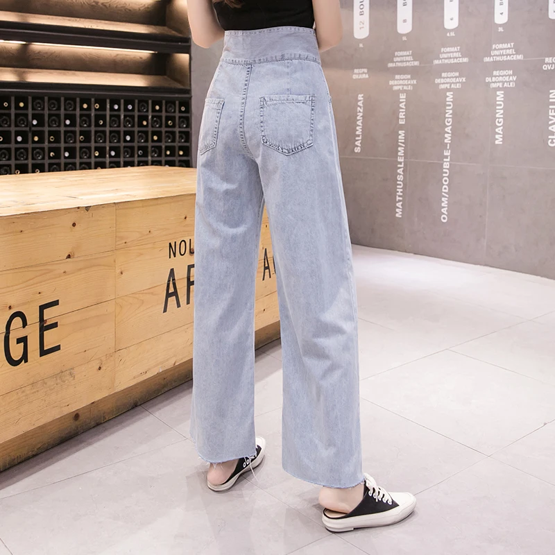 Cổ Thẳng Ống Rộng Quần Lửng Jeans Nữ Slim Denim Rời Thẳng Quần Đôi Ngực Quần Jean Cao Cấp Quần Dài Nữ