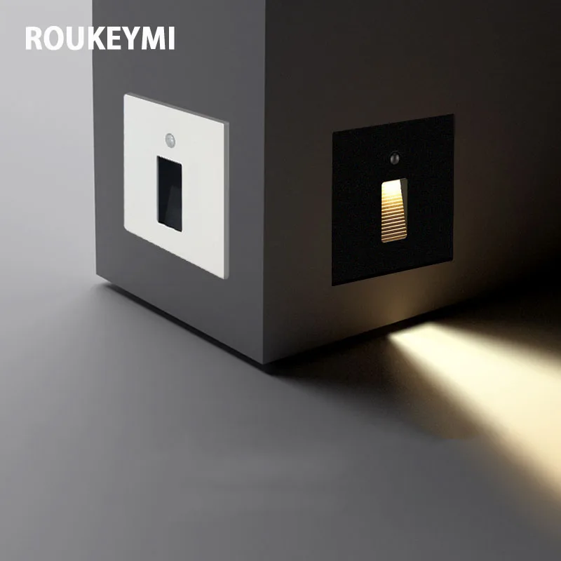 ROUKEYMI Magnetic Staircase Step Lights Motion Sensor Aluminum Home Wall Sconce Night Footlight Modern Ressessed Waterproof Lamp