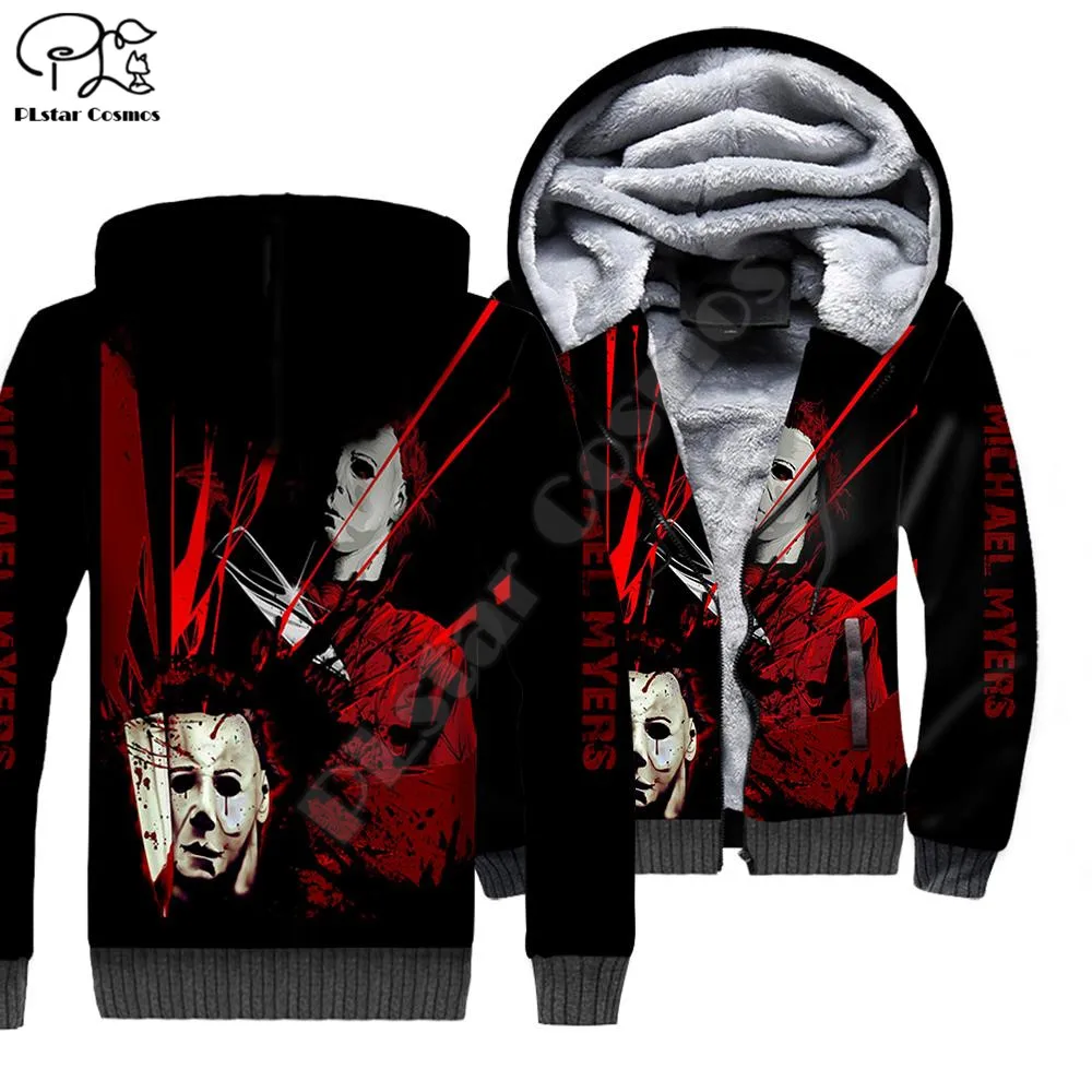 Plstar cosmos michael myers dia das bruxas 3d imprimir roupas de inverno casual capuz grosso casaco com zíper homem velo hoodies jaqueta M-4