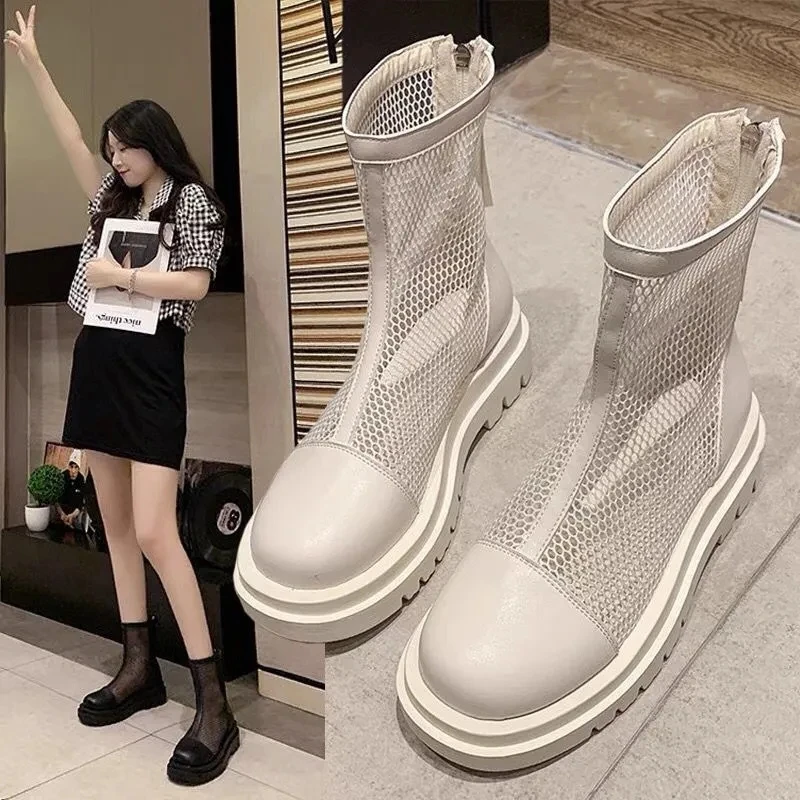 Mesh Boots Women Summer Fashion Lace Up Ankle Boots Woman Shoes Black Sandals Hollow Breathable Zipper Platform Socks Boots