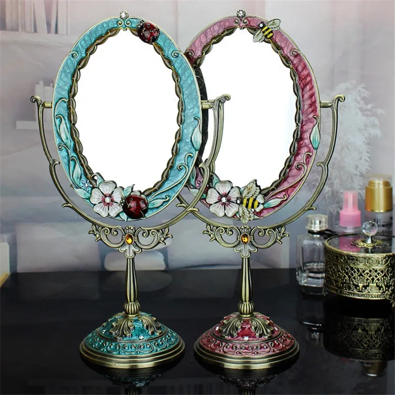 Bathroom Vanity Mirror, Antique Carving, Zinc Alloy & Glass, Girl Birthday Presents, Wedding Gift, Rotatable Desktop Decoration