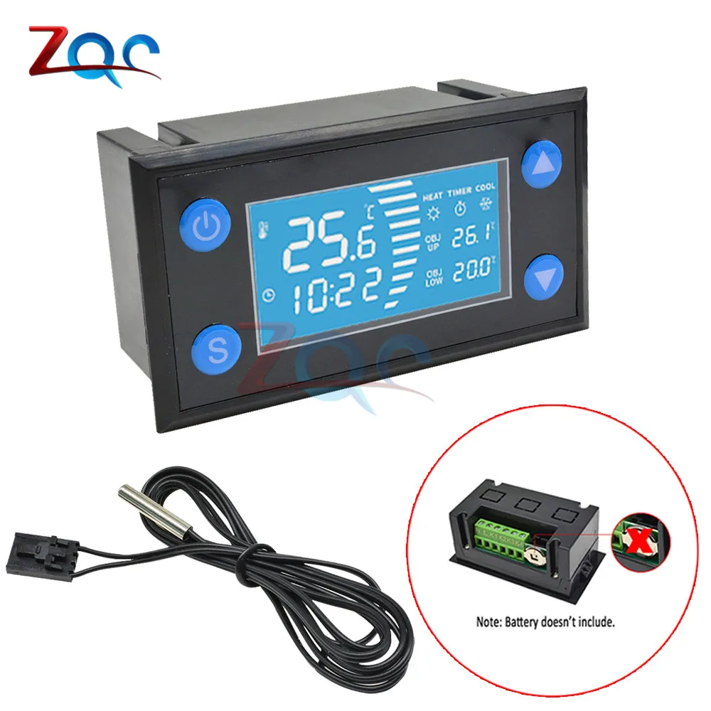 W1213  AC 110 -220V Smart Temperature Controller LCD Digital Thermostat Timer Sensor Probe Cool Heat Mode for Incubator Aquarium