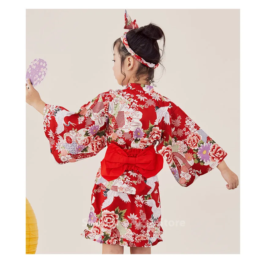 80-140CM Newborn Baby Oriental Japanese Costume Gril Sakura Kimono Dress Kids Luxury Yukata Haori Birthday Fan New Year Clothes